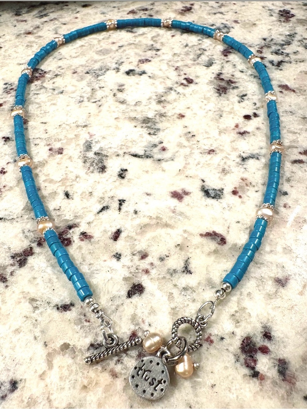 Token Charm Trust Turquoise Heishi & Freshwater Pearl Necklace Handmade - Picture 2 of 4